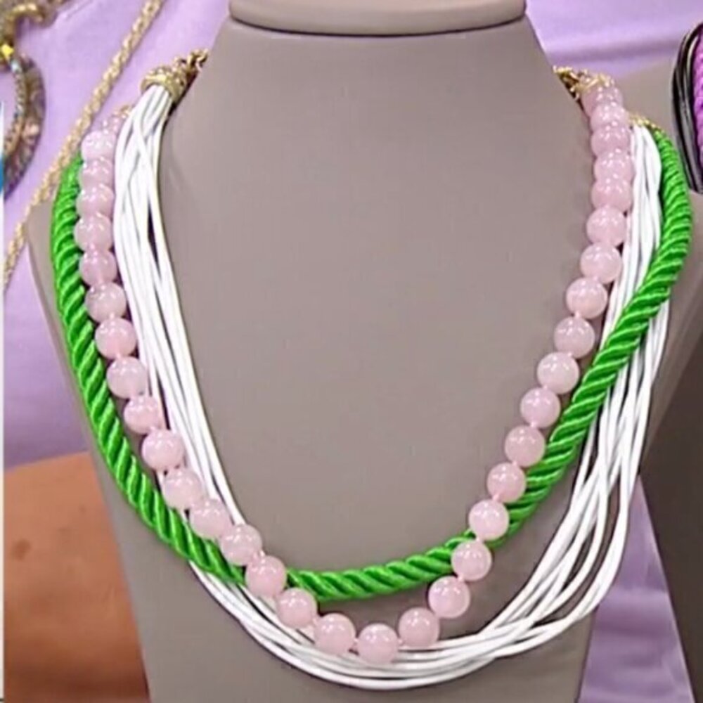 HEIDI DAUS Elegant Essentials 3 PIECE Leather , Cord , ROSE QUARTZ Necklace Set